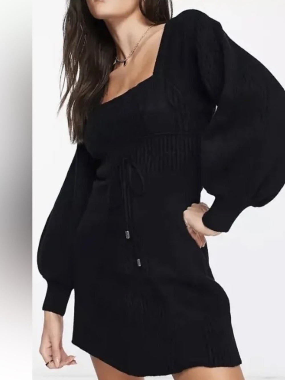 Free People Emmaline Black Square-Neck Mini Dress with Balloon Sleeves medium - Picture 2 of 7